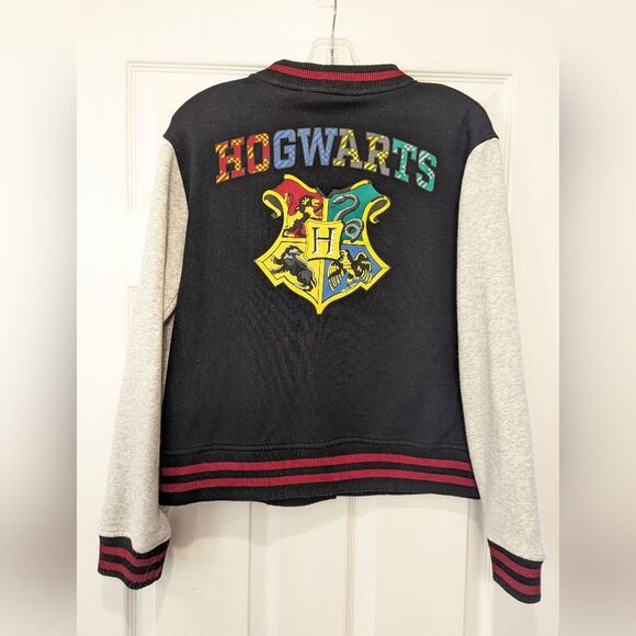 H&M Harry Potter Hogwarts Varsity Black Grey fleece Jacket sweatshirt snap 16/18 - Picture 4 of 9